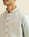 alt message - Manyavar Men Aqua Green & Light Grey Harlequin Print Jacket Set image number 1